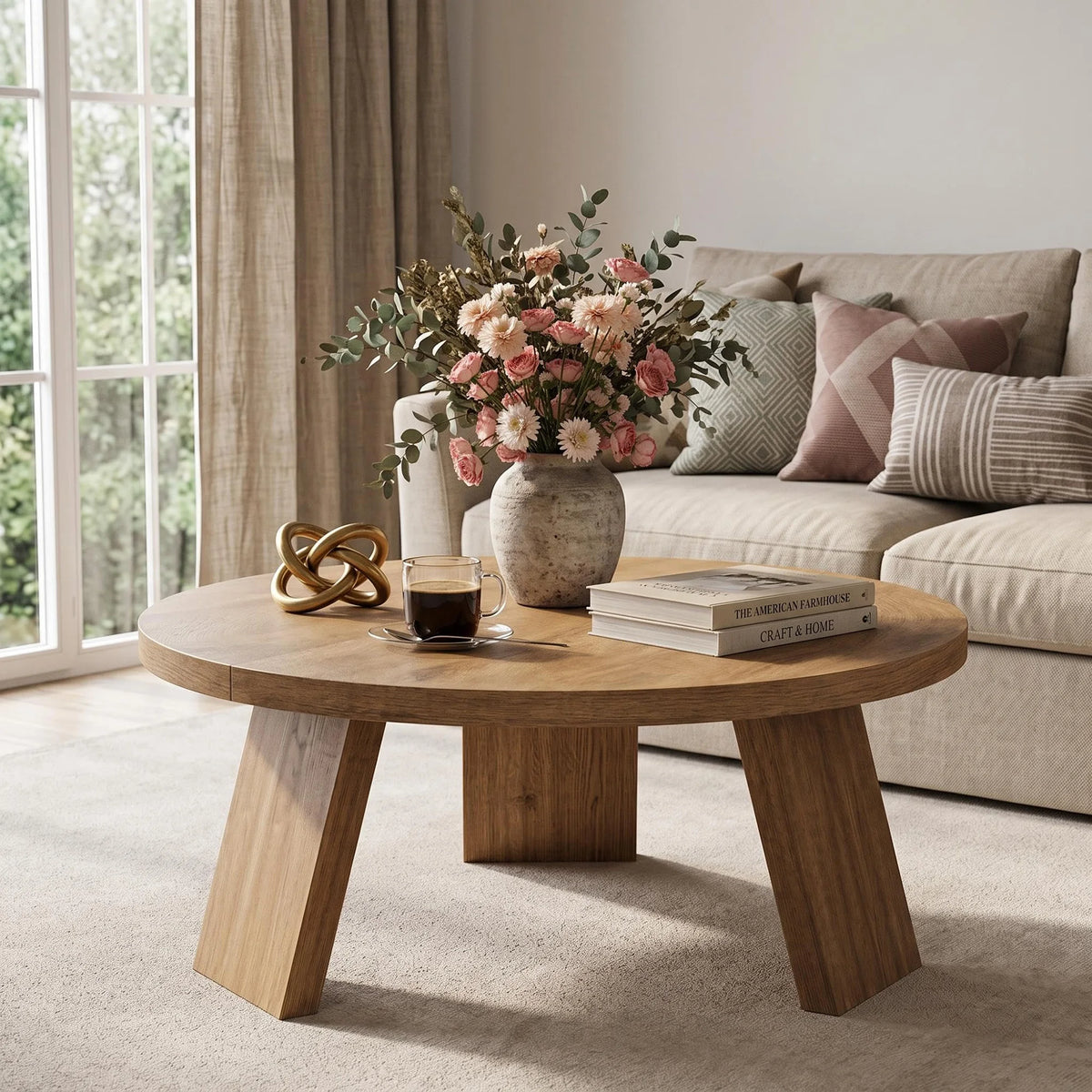 33.5" Round Coffee Table with Wood Grain Top & Angled Legs, Modern Center Table for Living Room & Apartment