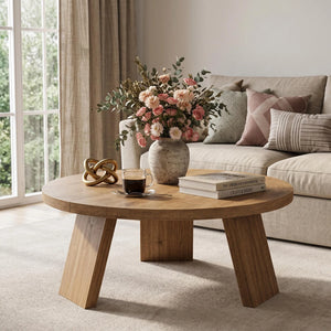 33.5" Round Coffee Table with Wood Grain Top & Angled Legs, Modern Center Table for Living Room & Apartment