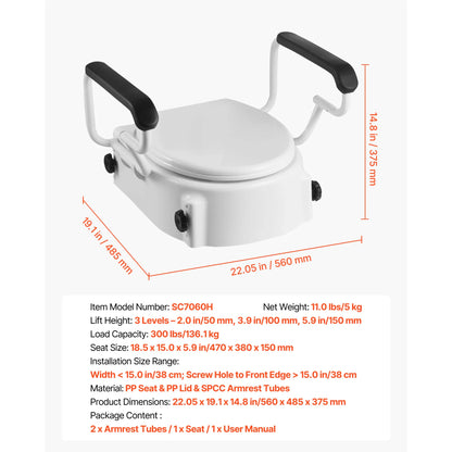 Raised Toilet Seat with Arms – 3-Level Height Adjustable Toilet Riser with Padded Handles, 300 lb Capacity