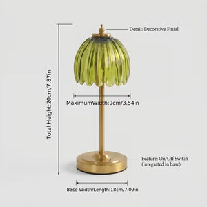 Vintage Glass Table Lamp with Green Pleated Shade, Gold-Tone Finish, Rechargeable LED, 3 Light Modes and Touch Control