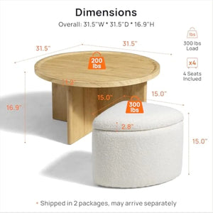 Round Ottoman Coffee Table with 4 Nesting Bouclé Seats, Hidden Storage & Reinforced Wood Frame