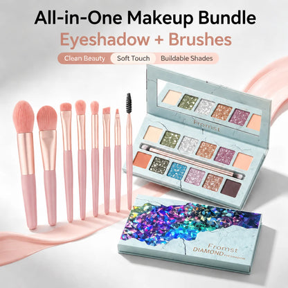 12-Color Matte & Shimmer Eyeshadow Palette with 8 Soft Makeup Brushes, Long-Lasting Glitter Eye Makeup Set