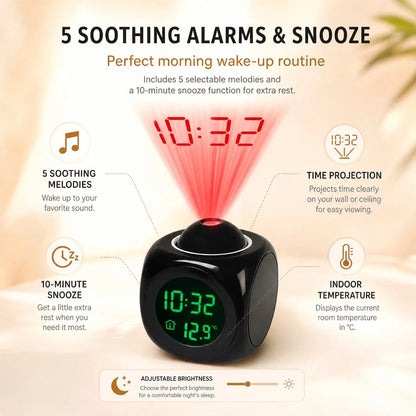 Digital Projection Alarm Clock with Voice Function, Snooze & Temperature Display, Adjustable Projector Desk Clock for Bedroom