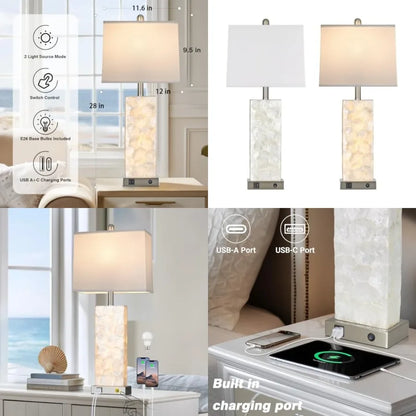 28-Inch Coastal Seashell Table Lamps with Night Light, USB-A and USB-C Charging Ports, Bedside Lighting for Bedroom and Living Room