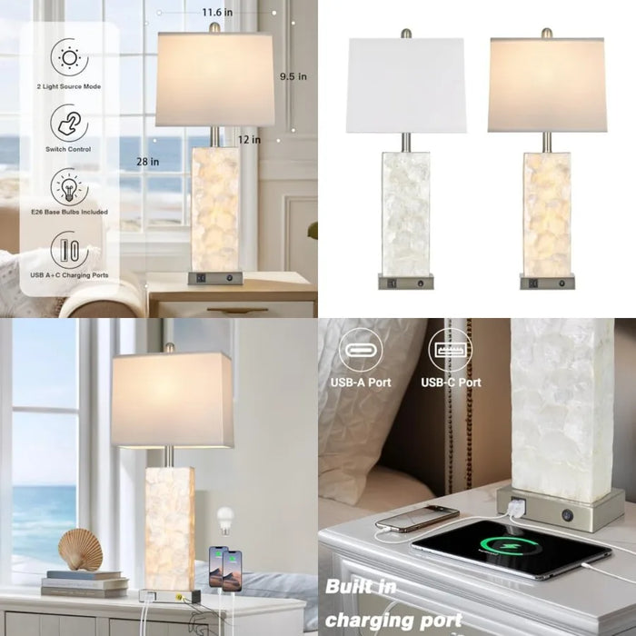 28-Inch Coastal Seashell Table Lamps with Night Light, USB-A and USB-C Charging Ports, Bedside Lighting for Bedroom and Living Room