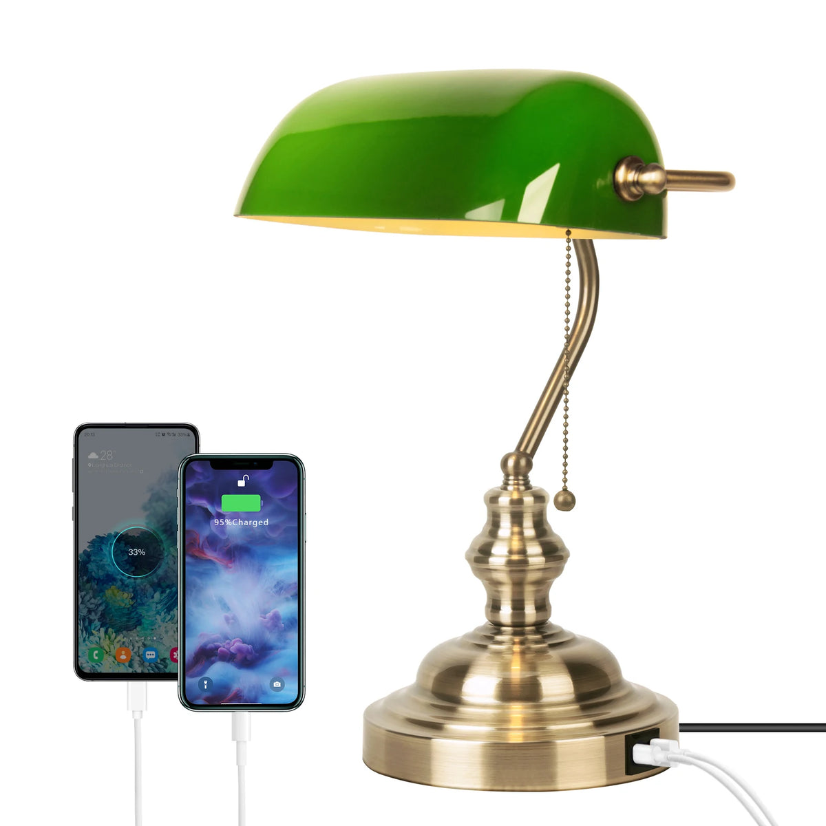 Green Glass Bankers Desk Lamp with 2 USB Ports, Pull Chain Switch and Brass Base