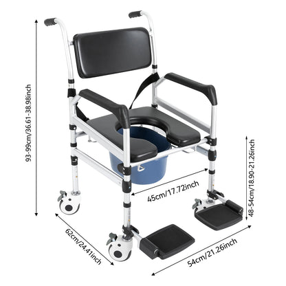 Foldable Rolling Shower Commode Chair with Bidet – Height Adjustable Toilet & Bath Seat with Wheels, 352 lb Capacity