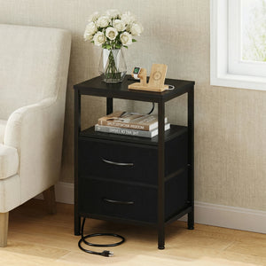 Nightstand with 2 Fabric Drawers, Open Shelf & Charging Station – Bedside End Table with USB Ports