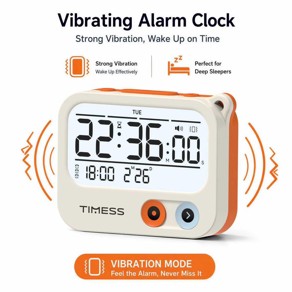 Portable Vibrating Digital Alarm Clock & Timer with Backlight, 3 Alarm Modes, Battery Powered Travel Clock