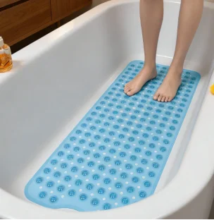 Extra Long Non-Slip Bathtub & Shower Mat 40x16 Inch, Suction Cups, Drain Holes, Machine Washable, Gray & Black