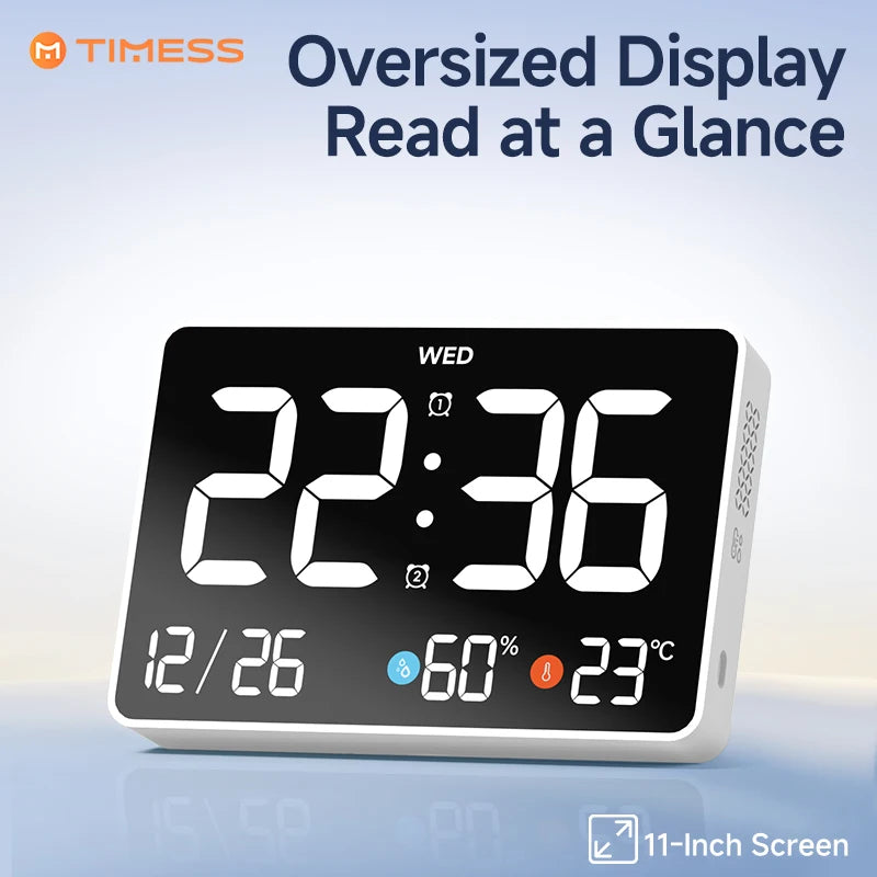 11-Inch LED Digital Alarm Clock with Large Display, Date, Day, Temperature & Humidity, Dual Alarms, Wall & Tabletop