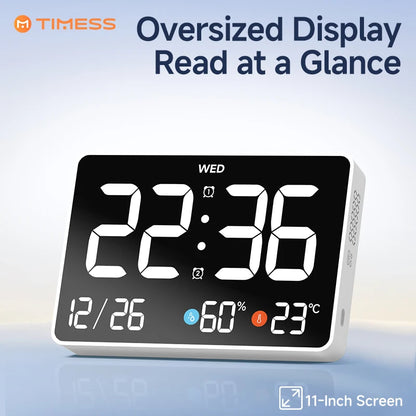 11-Inch LED Digital Alarm Clock with Large Display, Date, Day, Temperature & Humidity, Dual Alarms, Wall & Tabletop