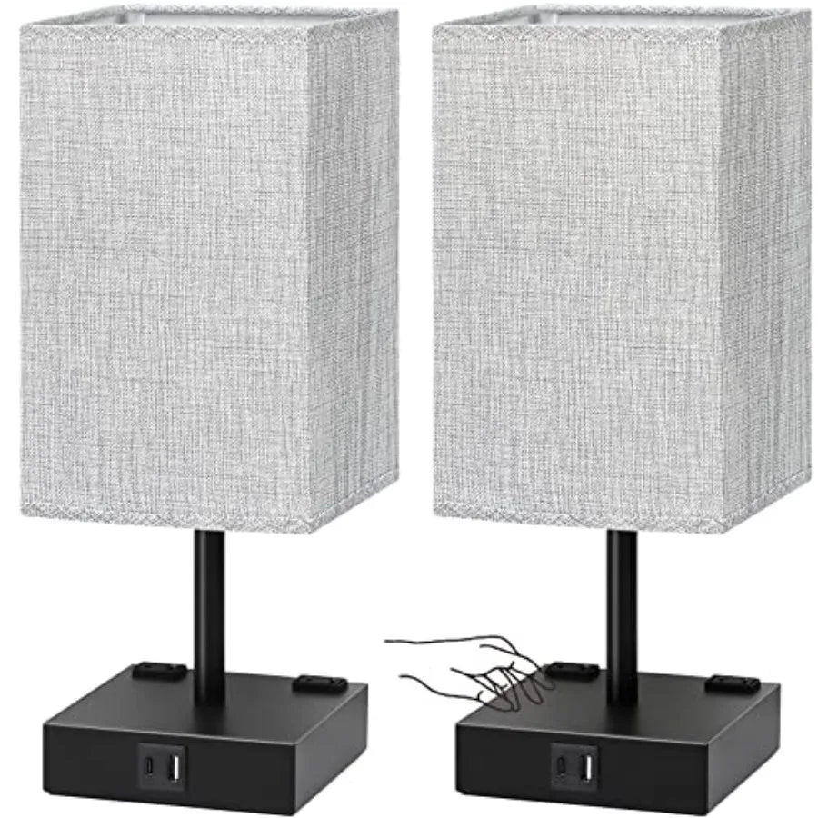 Bedside Table Lamps Set of 2, 3-Way Dimmable Touch Nightstand Lamps with USB-A and USB-C Charging Ports and AC Outlets for Bedroom