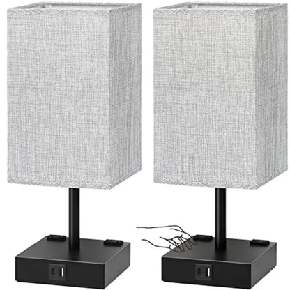 Bedside Table Lamps Set of 2, 3-Way Dimmable Touch Nightstand Lamps with USB-A and USB-C Charging Ports and AC Outlets for Bedroom