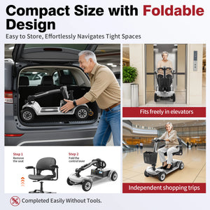 4-Wheel Electric Mobility Scooter for Adults, 20Ah Removable Battery, Heavy-Duty Design, Foldable Travel Scooter, Silver