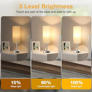 White Touch Bedside Table Lamps Set, 3-Way Dimmable Nightstand Lighting with USB Charging Ports and AC Outlet