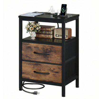 Nightstand with 2 Fabric Drawers, Open Shelf & Charging Station – Bedside End Table with USB Ports