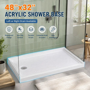 48x32 Inch Acrylic Shower Base Pan, White Non-Slip Low Profile Shower Tray with Left or Right Drain, Waterproof Flange & ABS Drain Assembly