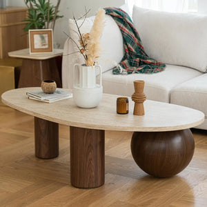 55" Modern Oval Coffee Table with Faux Marble Beige Top & 3 Walnut Wood Accent Legs