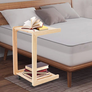 Rubber Wood C-Shaped Side Table with Storage Shelf & Casters, Mobile Sofa End Table for Small Spaces