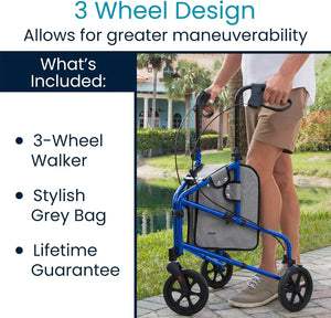 3-Wheel Foldable Rollator Walker – Lightweight Mobility Walker with Adjustable Handles & Removable Storage Bag