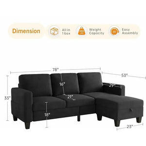 78-Inch L-Shaped Sectional Sofa – 3-Seat Black Velvet Couch with Convertible Ottoman for Living Room & Small Spaces