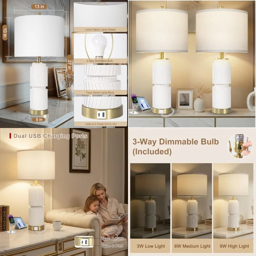 27-Inch Faux Stone Boho Table Lamps Set of 2 with USB-A and USB-C Ports, Rustic Bedside Lamps for Bedroom and Living Room