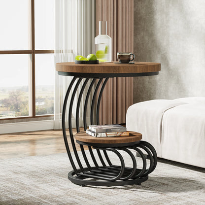2-Tier Round Side Table with Faux Marble Top & Storage Shelf, Modern White and Gold End Table