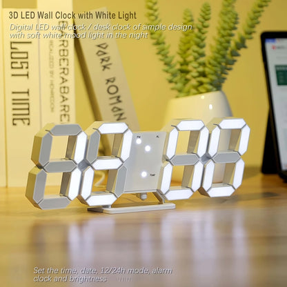 3D LED Digital Alarm Clock with Night Light, Adjustable Brightness, Wall-Mount Electronic Clock for Bedroom & Living Room