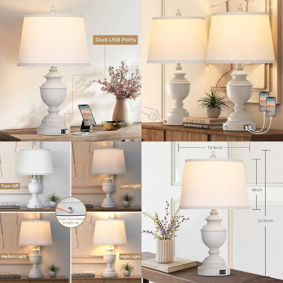 Modern Farmhouse Table Lamps Set of 2 with USB Ports, 3-Way Dimmable Touch Control, Washed Finish Bedside Nightstand Lamps