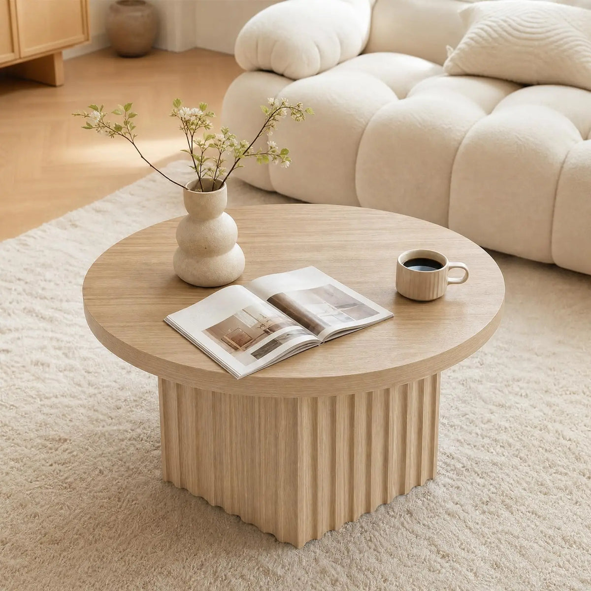 31.5" Round Fluted Drum Coffee Table, Modern Wood Pedestal Center Table for Living Room & Small Spaces