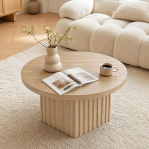 31.5" Round Fluted Drum Coffee Table, Modern Wood Pedestal Center Table for Living Room & Small Spaces
