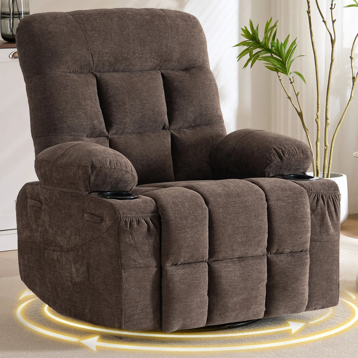 360° Swivel Rocker Recliner Chair – Manual Upholstered Lounge Chair with Cup Holders & Side Pockets for Living Room