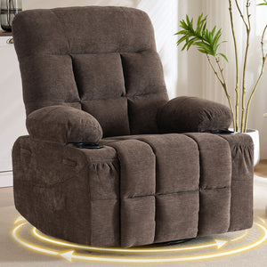 360° Swivel Rocker Recliner Chair – Manual Upholstered Lounge Chair with Cup Holders & Side Pockets for Living Room