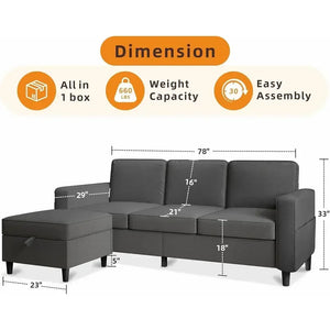 78-Inch L-Shaped Sectional Sofa – 3-Seat Grey Linen Couch with Storage Ottoman & Convertible Chaise for Small Spaces
