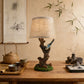 Decorative Bird Table Lamp with Resin Branch Base and Linen Fabric Shade for Bedroom and Living Room
