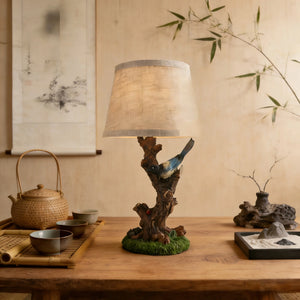 Decorative Bird Table Lamp with Resin Branch Base and Linen Fabric Shade for Bedroom and Living Room