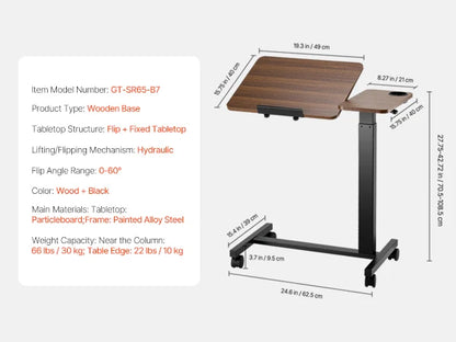 Height & Angle Adjustable Overbed Table with Swivel Casters, Mobile Rolling Bedside Laptop Desk for Home & Office