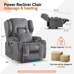 Massage & Heat Recliner Chair with LED Lights, Cup Holders & USB Ports, Upholstered Home Theater Chair