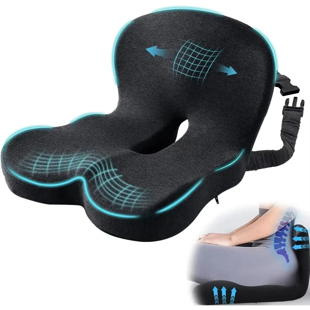 L-Shaped Memory Foam Seat Cushion with Lumbar & Tailbone Support, Adjustable Strap for Office Chair, Car & Truck