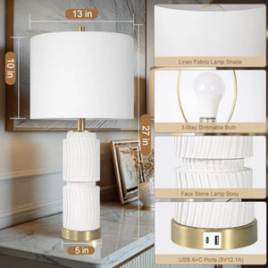 27-Inch Faux Stone Boho Table Lamps Set of 2 with USB-A and USB-C Ports, Rustic Bedside Lamps for Bedroom and Living Room