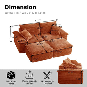 81-Inch Boneless Loveseat Sofa Bed – Oversized Faux Fur Lounge Couch with Removable Ottoman & Pillows