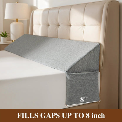 Premium Memory Foam Bed Gap Filler Wedge Pillow – Headboard Backrest Cushion with Washable Cover & Side Pocket for Queen & King Beds