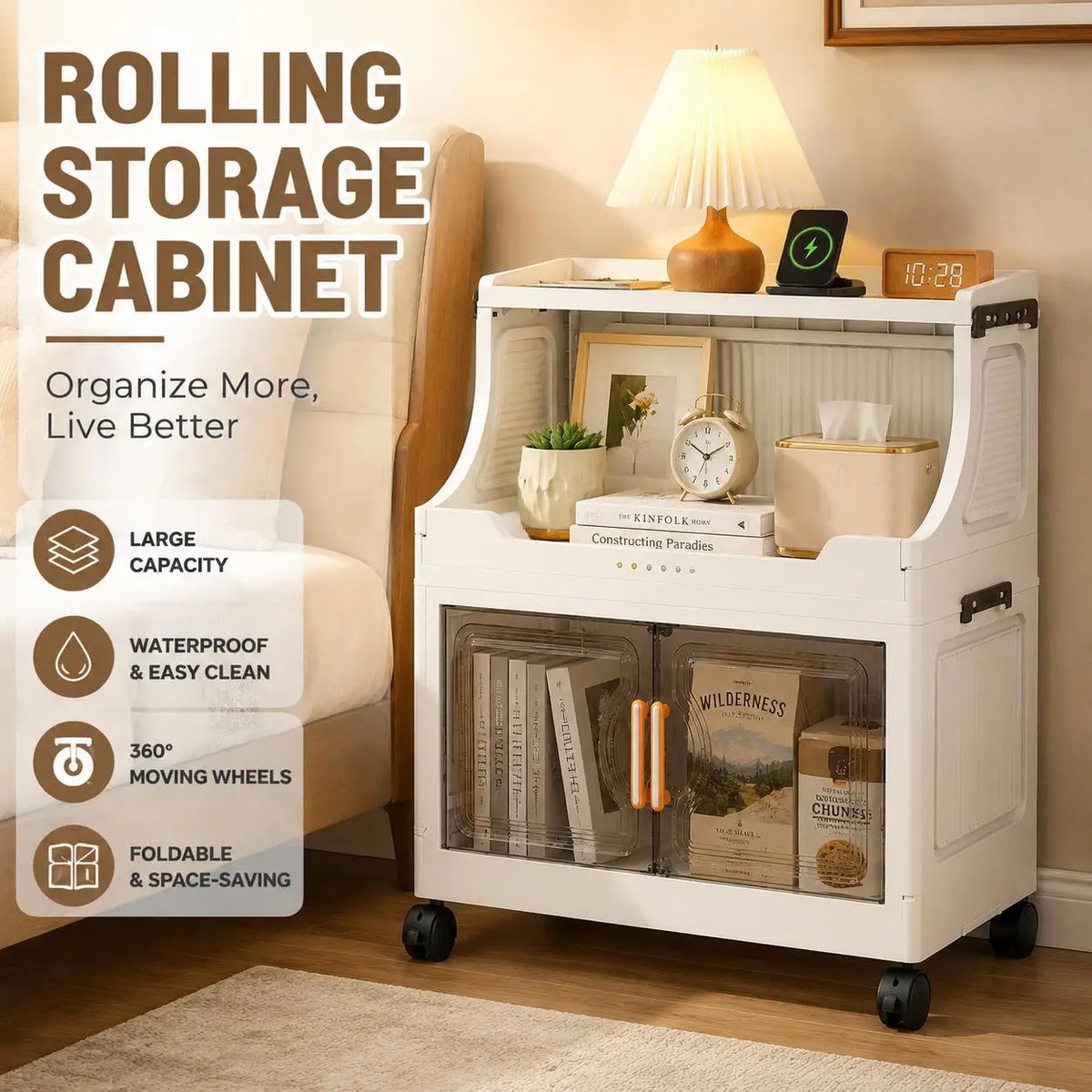 Rolling Bedside Storage Cabinet with Clear Doors, Large Capacity Waterproof Nightstand Organizer with Lockable 360° Wheels for Bedroom & Dorm