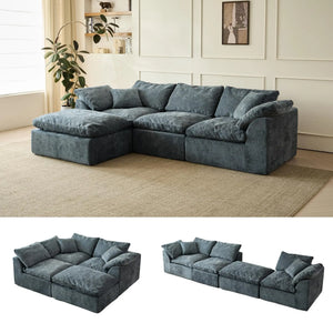109-Inch Modern L-Shaped Cloud Sectional Sofa with Ottoman – Oversized 3-Seater Deep Seat Chenille Modular Couch, Blue