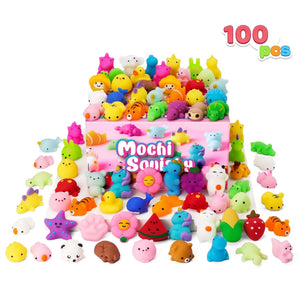 100-Pack Mini Animal & Fruit Mochi Squishy Toys, Sensory Fidget Party Favors for Kids