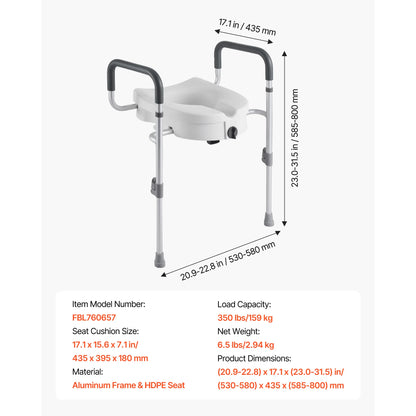 5" Raised Toilet Seat with Arms – Height Adjustable Toilet Riser with Handles, 350 lb Capacity