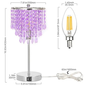 Crystal Bedside Table Lamp with 3-Way Touch Dimming and Dual USB Charging Ports