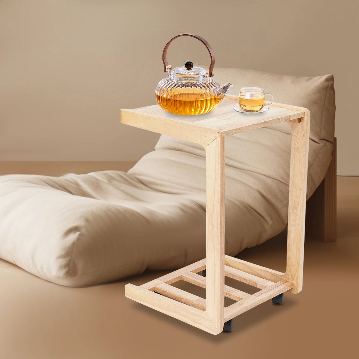 Rubber Wood C-Shaped Side Table with Storage Shelf & Casters, Mobile Sofa End Table for Small Spaces