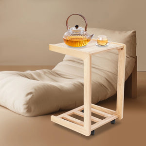 Rubber Wood C-Shaped Side Table with Storage Shelf & Casters, Mobile Sofa End Table for Small Spaces